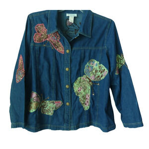 Tapestry Patch Women's Denim Shirt Butterfly Embroidered Sequins Boho Shacket